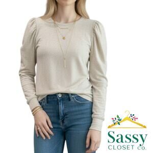 Splendid Oatmeal Heather Puff Sleeve Long Sleeve Top Banded Cuffs L EUC